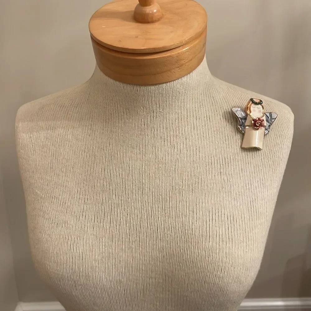 Vintage Ceramic Lusterware Angel with Rose Brooch Lapel Pin